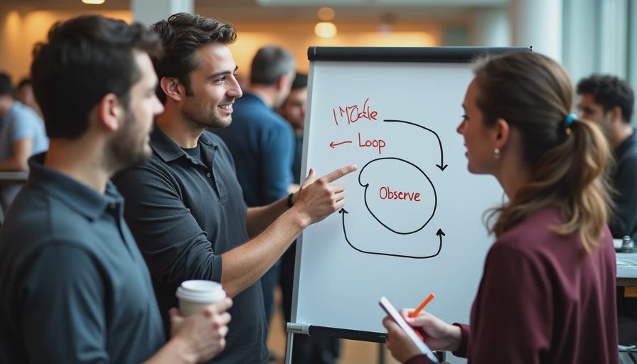 Three young developers discussing a complex cycle diagram on a whiteboard at a busy tech conference.