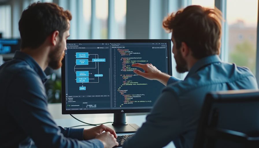 A documentary photograph of two developers collaborating on code review at a desk, examining tool security allow-lists.