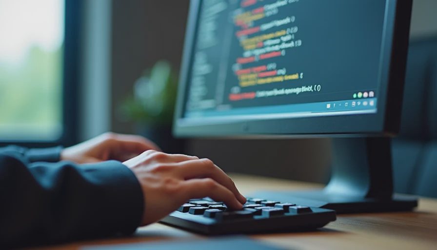 A programmer's hands on a keyboard debugging software errors on a computer screen.