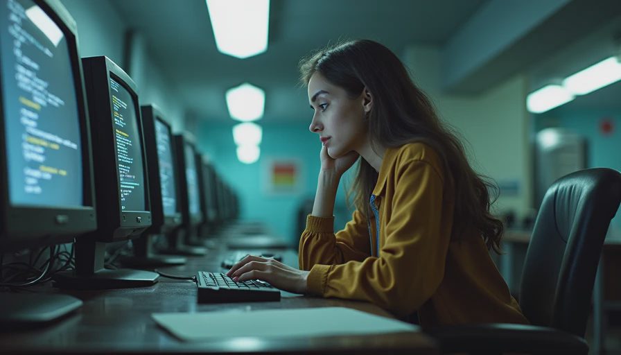 Young female computer student focused, deep in thought, looking at code on a screen in a dimly lit lab.