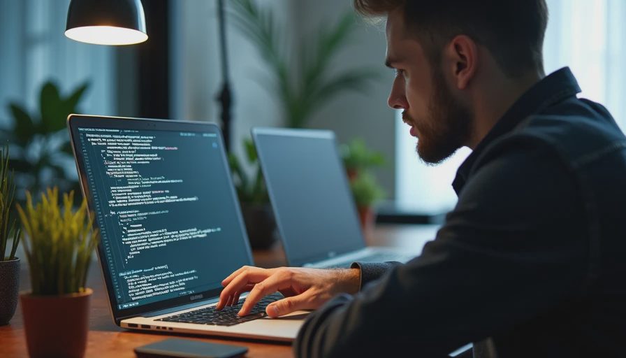 A documentary-style photograph of a developer's hand hovering over a keyboard in front of a laptop screen displaying code, capturing a moment of cautious decision-making in a realistic office setting.