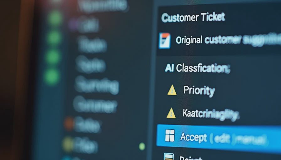 A documentary close-up of a terminal interface showing human review options for AI support ticket suggestions.