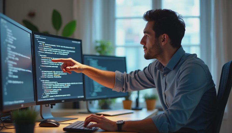 A documentary photograph of a developer reviewing test failure logs and error handling metrics on a monitor.